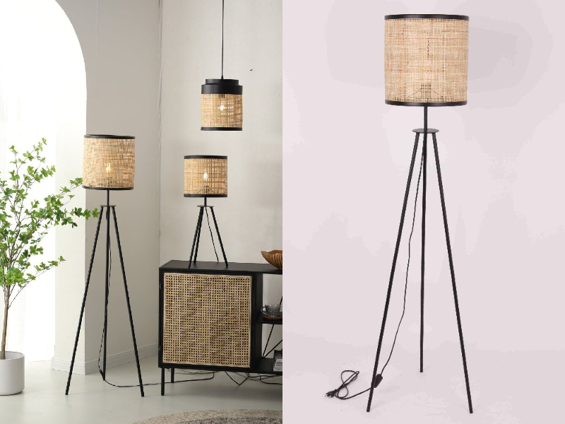 Lámpara de pie con pantalla de ratán
