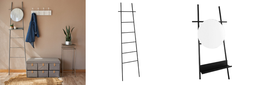 Espejos de baño modernos con escalera y estante.