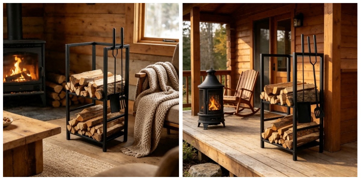 Soporte para leña de chimenea con herramientas