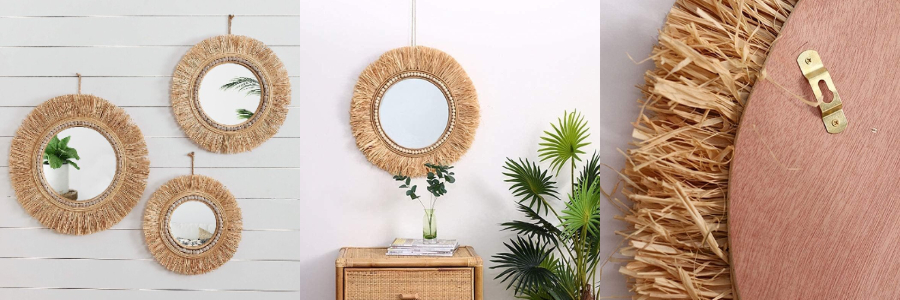 Espejos decorativos de rafia hechos a mano para sala de estar